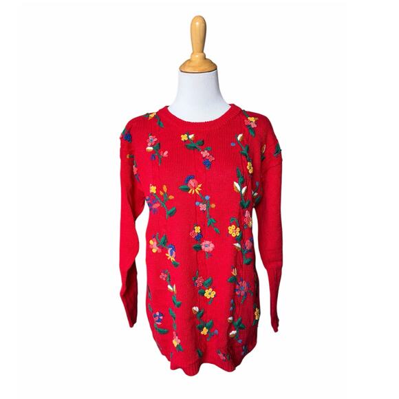 VTG Unique Marissa Christina Cottagecore Red Floral Embroidered Knit Sweater- M - Picture 2 of 10